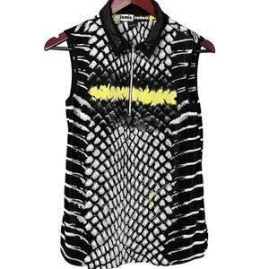 Jamie Sadock Womens Golf Shirt Sleeveless Black White Yellow Crinkle Knit Size L
